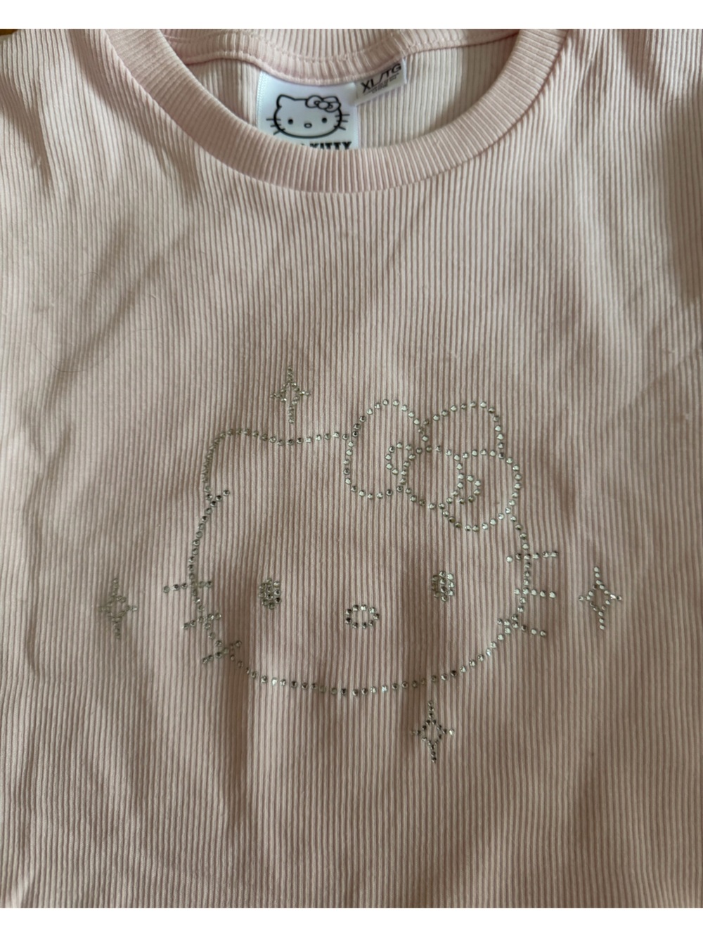 Hello Kitty Light Pink Ribbed Short Sleeve Tee with Rhinestone Motif - Picture 2 of 3